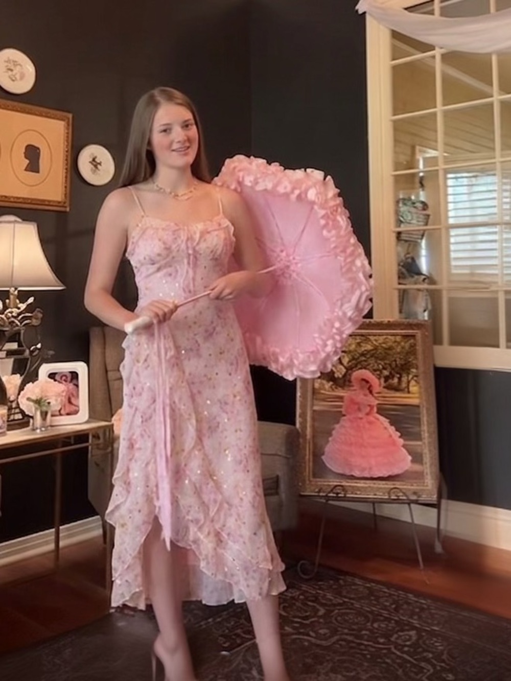 Whimsical Pink Floral Gold Shimmer Ruffle Slip Dress